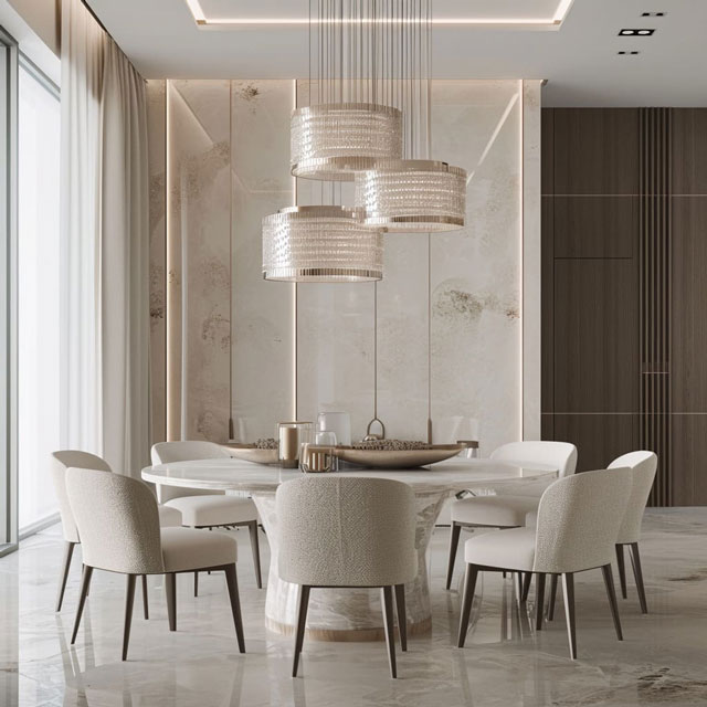 Dining tables and chairs of high quality serve as the centerpiece of the interior, infusing the space with a sense of sophistication. Dining tables and chairs of high quality serve as the centerpiece of the interior, infusing the space with a sense of sophistication.