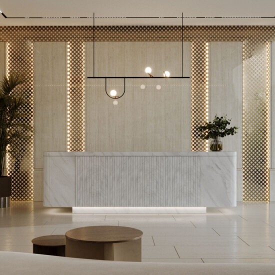 A luxury office reception interior design featuring wooden cladding and golden trimmings.