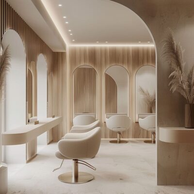 A minimalist beauty salon interior, adorned with chic mirrors and contemporary furnishings, offers a stylish space for pampering.