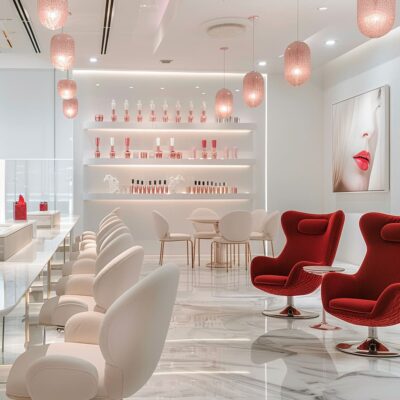 An upscale beauty salon design, featuring bespoke furniture pieces and premium materials, reflects the owner's commitment to luxury and sophisti