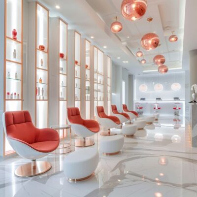 The elegant beauty salon setup, adorned with custom-designed furnishings and luxurious fabrics, elevates the client experience to new heights.