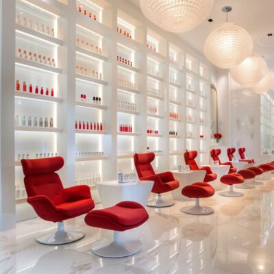 The elegant beauty salon setup, featuring plush seating and soft lighting, creates a tranquil oasis for rejuvenation.