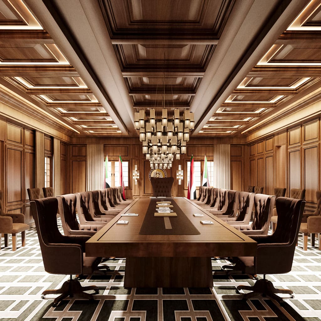 The conference room boasts a refined style with dark wood finishes and elegant paneling