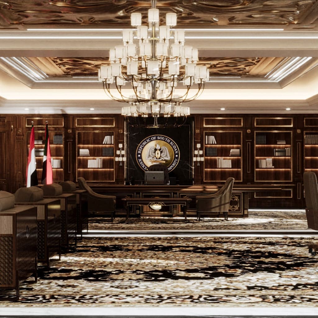 The executive office exudes luxury with its rich leather chairs and elegant lighting