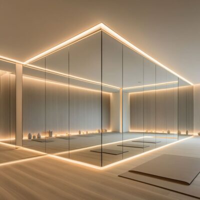 A clean and simple studio layout designed with extra large wall mirrors