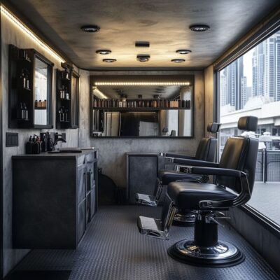 A compact mobile beauty salon in a van with clean lines and contemporary finishes makes it stand out