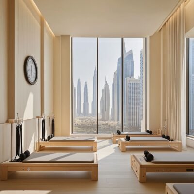 A fresh Pilates studio interior with soft natural lighting and muted color palettes enhances focus during sessions
