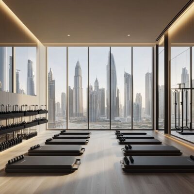 A fresh, contemporary feel defines this Pilates studio interior, where soft textures meet streamlined finishes