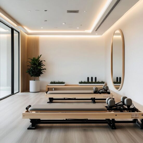 A refined Pilates classroom that emphasizes simplicity in design, allowing the equipment to take center stage