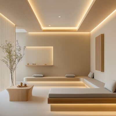 A yoga studio relaxation area that is new and fresh, combining functionality with aesthetics to promote a sense of calm