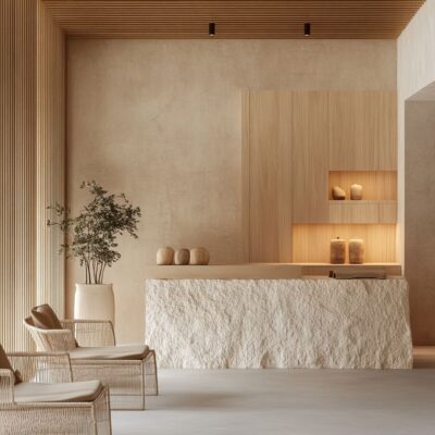 An airy yoga studio reception featuring sleek lines and subtle accents that offer a contemporary feel to the space