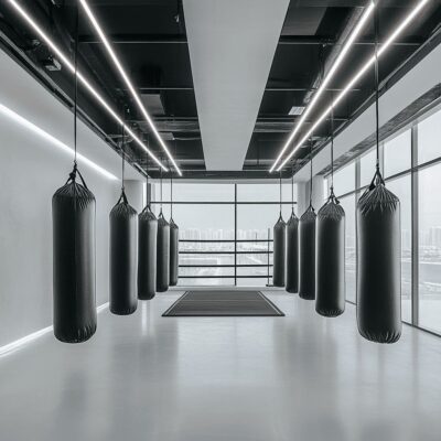 An elegant yet functional gym interior showcases a seamless blend of modern equipment and minimalist decor
