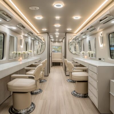 An eye-catching salon in a trailer, designed with subtle lighting and elegant fixtures, makes it ideal for beauty treatments