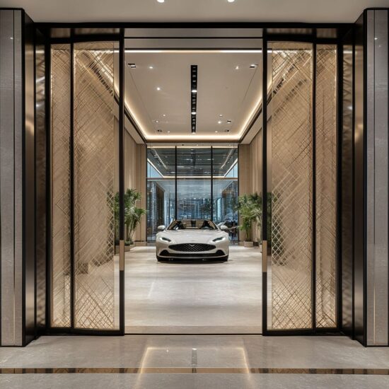 An impressive vehicle showroom that showcases luxury cars against a backdrop of clean cream tones and modern design