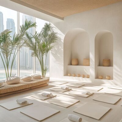 An inviting yoga classroom that blends natural textures and light tones, providing a minimalist setting for any session