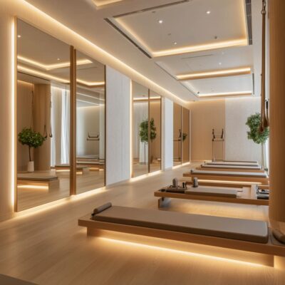 An open and organized Pilates studio interior creates a seamless flow between equipment and movement areas