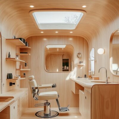 In this mobile hair salon van, sleek design meets functionality, creating a dynamic space for beauty professionals