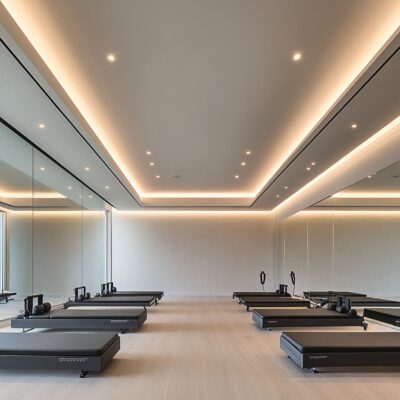 In this thoughtfully designed Pilates classroom, every detail contributes to the calming, functional environment