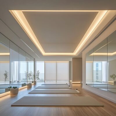 That peaceful yoga hall showcases a sleek aesthetic with a focus on natural elements, enhancing the meditation experience