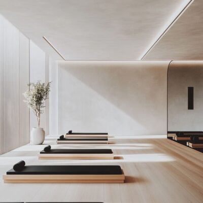 The new Pilates studio interior incorporates neutral colors and sleek furniture for a chic and professional look