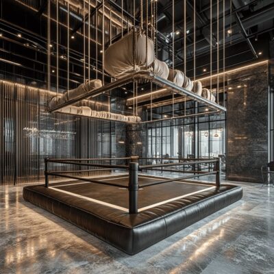 There are bold design touches throughout this boxing gym, making it both functional and stylish