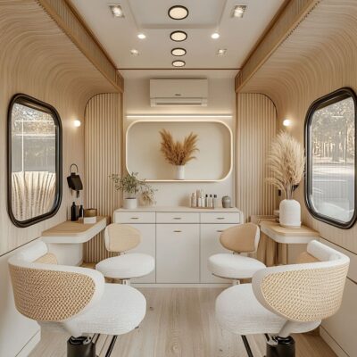There is a modern vibe in this truck-turned-salon, where every inch is crafted for style and practicality