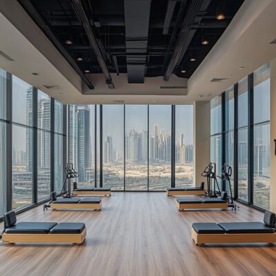 There is a stylish Pilates studio where modern decor and minimalist accents welcome visitors with ease