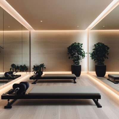 This modern Pilates classroom showcases a streamlined layout that optimizes space while maintaining a calming ambiance