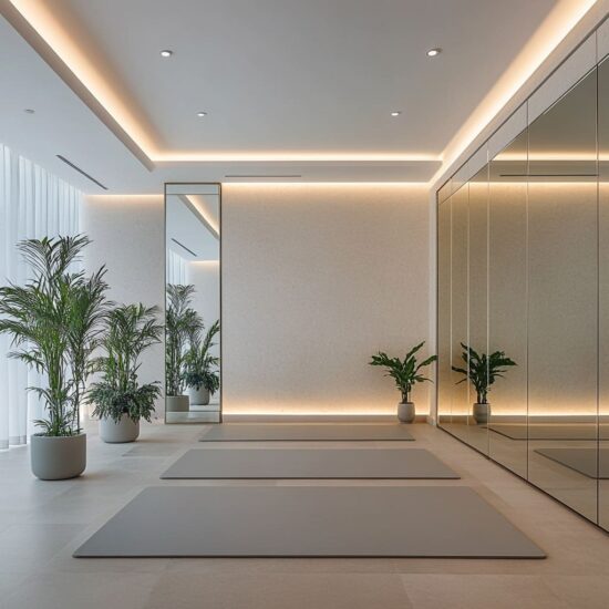 This thoughtfully designed yoga classroom offers a balance between openness and warmth