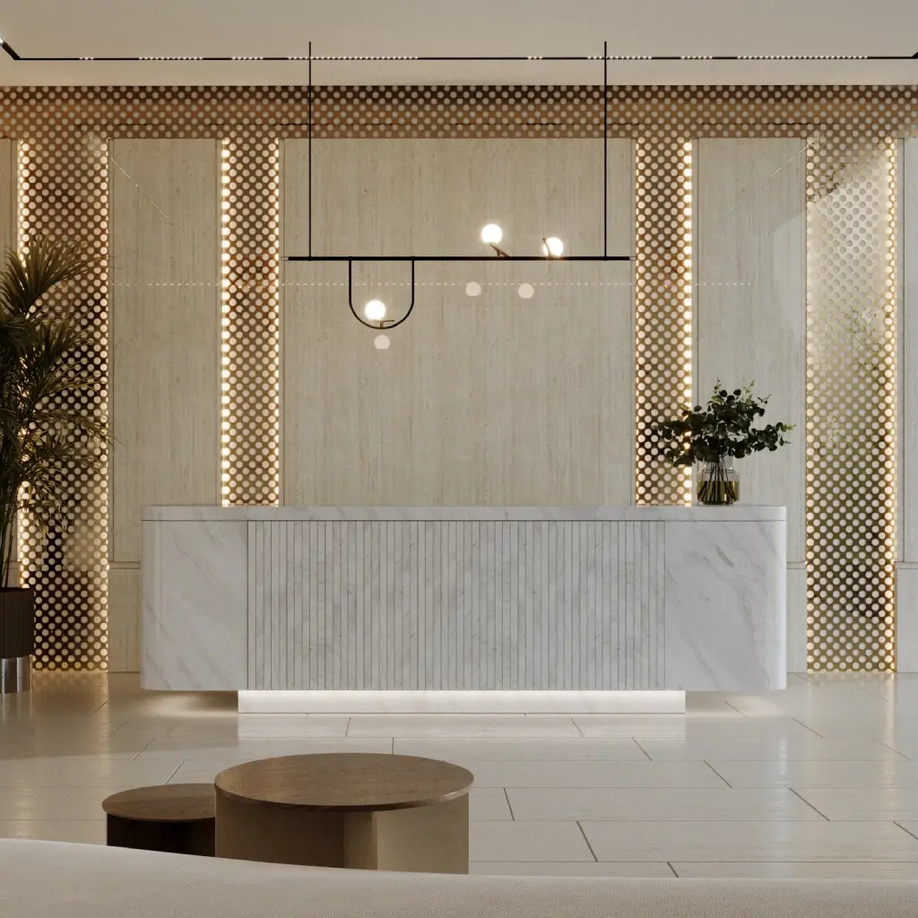 A creative modern building lobby interior design with a light wood and gold mix A creative modern building lobby interior design with a light wood and gold mix