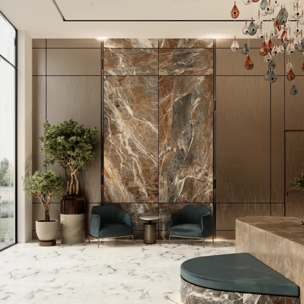 A lobby waiting area design with a marble feature wall and high-end looking chairs A lobby waiting area design with a marble feature wall and high-end looking chairs