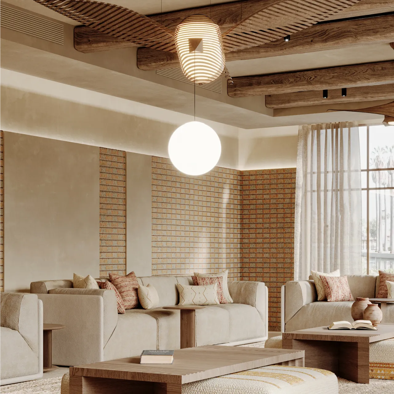 A majlis living room in Dubai in farmhouse style with exposed wood ceiling beams, brick wall panels, sculptural pendant lighting, beige sofas, and layered neutral textures in an open-plan layout.