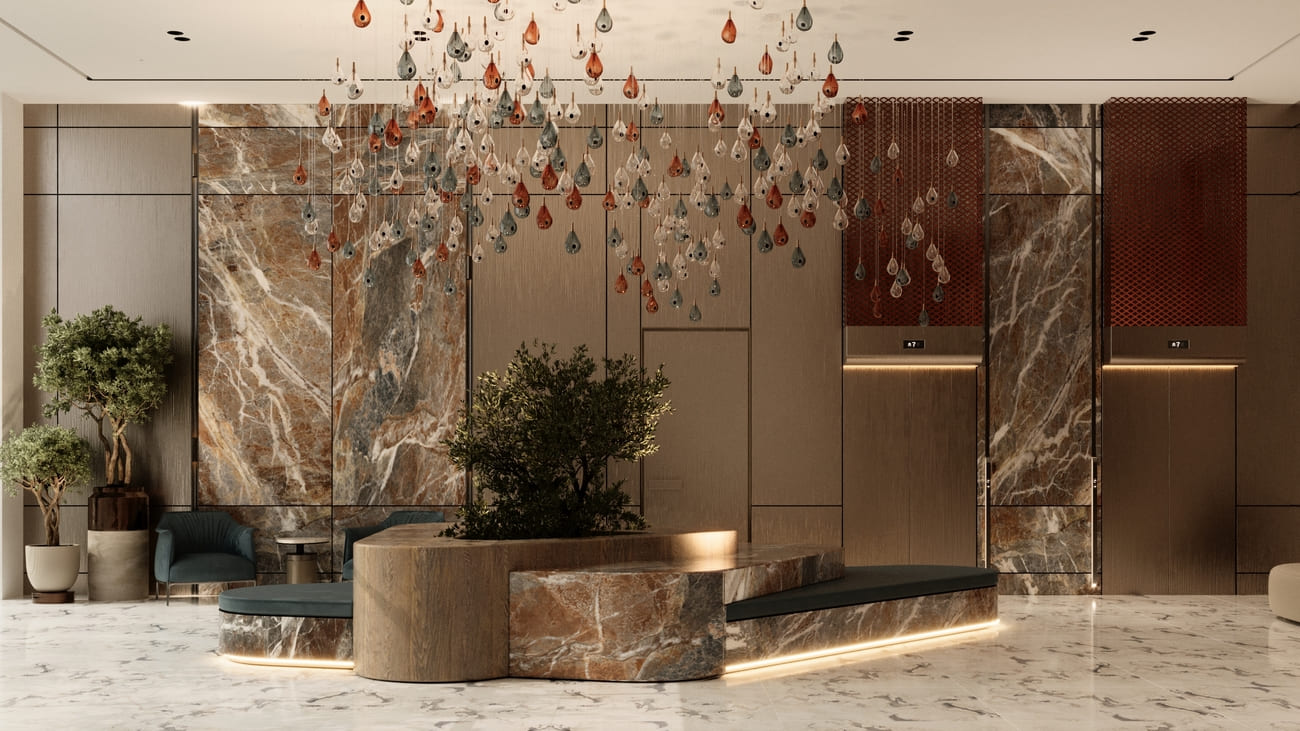 A modern Dubai residential building lobby interior design by Amitis Design