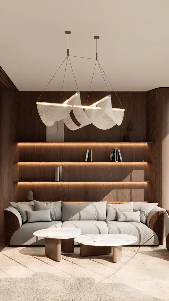 A modern corporate office waiting area interior design with high-end sofa and bespoke wall claddings