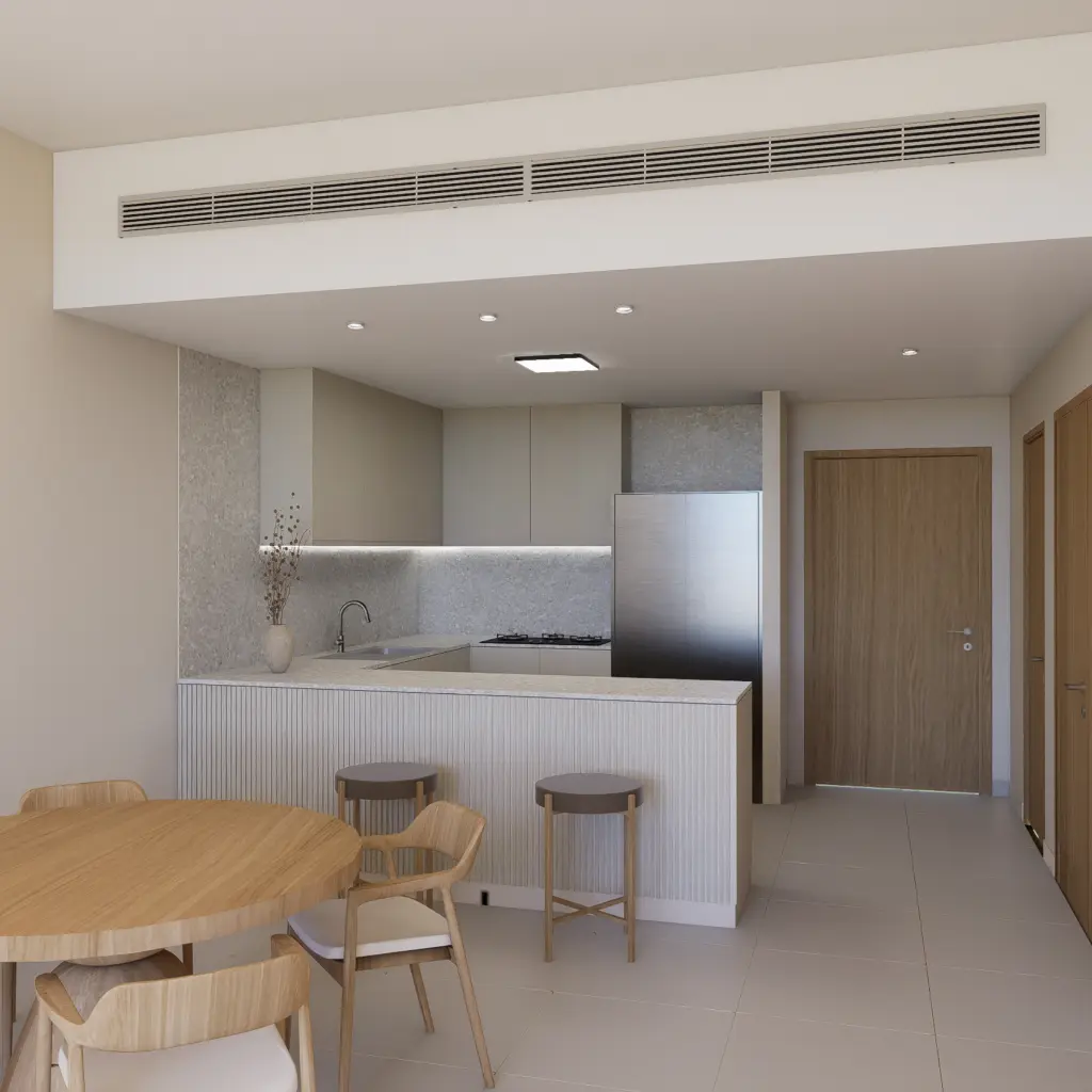 An apartment living-dining kitchen design in modern style