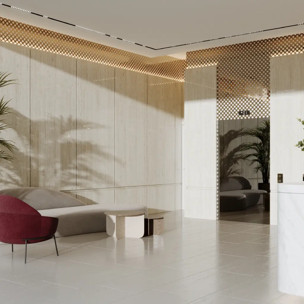 An attractive design for a tower entrance hall with the lifts An attractive design for a tower entrance hall with the lifts