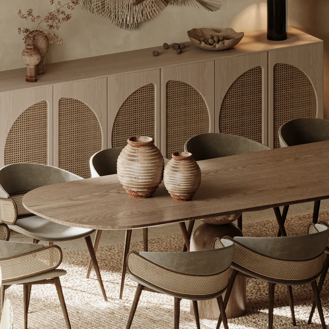 Close-up of modern farmhouse dining room showing an oak dining table, cane accent chairs, arched cane sideboard doors, and warm neutral styling with ceramic vases.