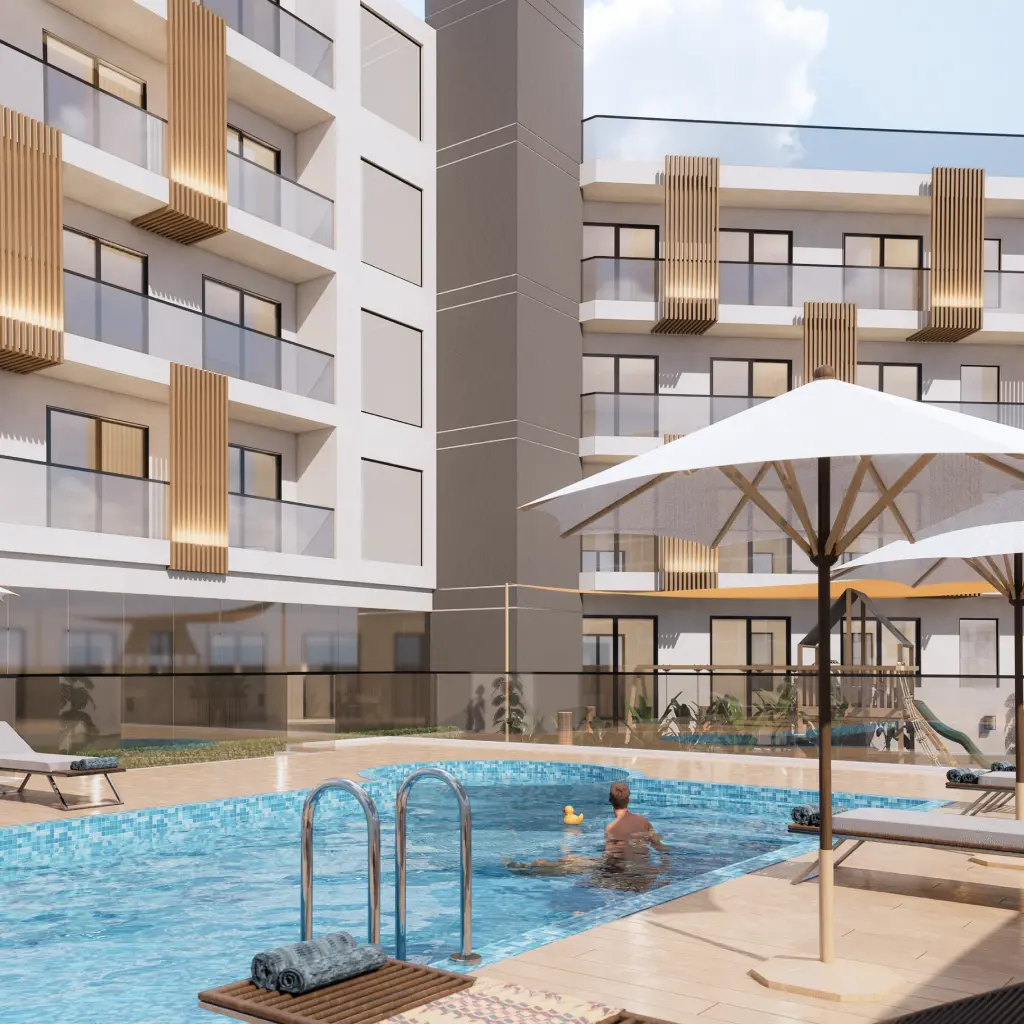 Common swimming pool area design for an apartment building Common swimming pool area design for an apartment building