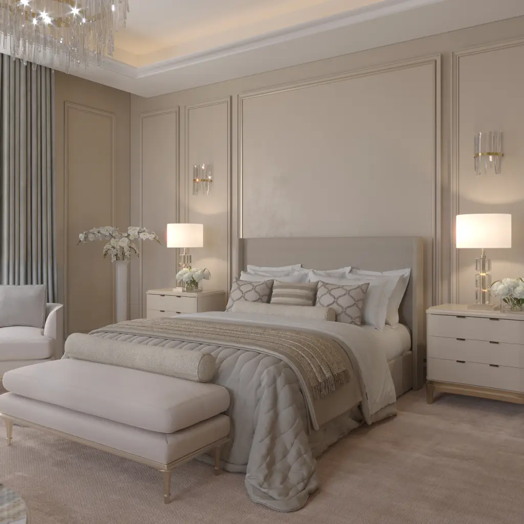 Luxury classic style master bedroom interior design for an apartment in Dubai