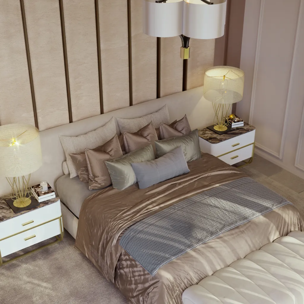 Luxury master bedroom interior design with a creative headboard and luxurious upholstery and bedding