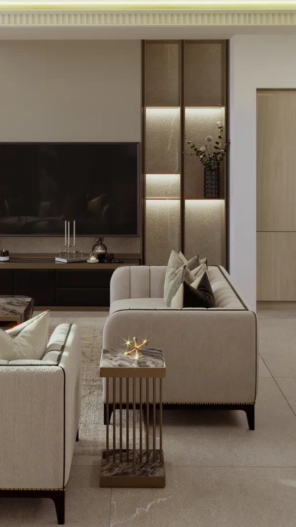 Luxury modern living room interior design with a bespoke TV wall unit
