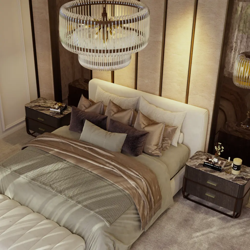 Master bedroom interior design with a creative headboard and a king-size bed Master bedroom interior design with a creative headboard and a king-size bed for a big flat in Dubai