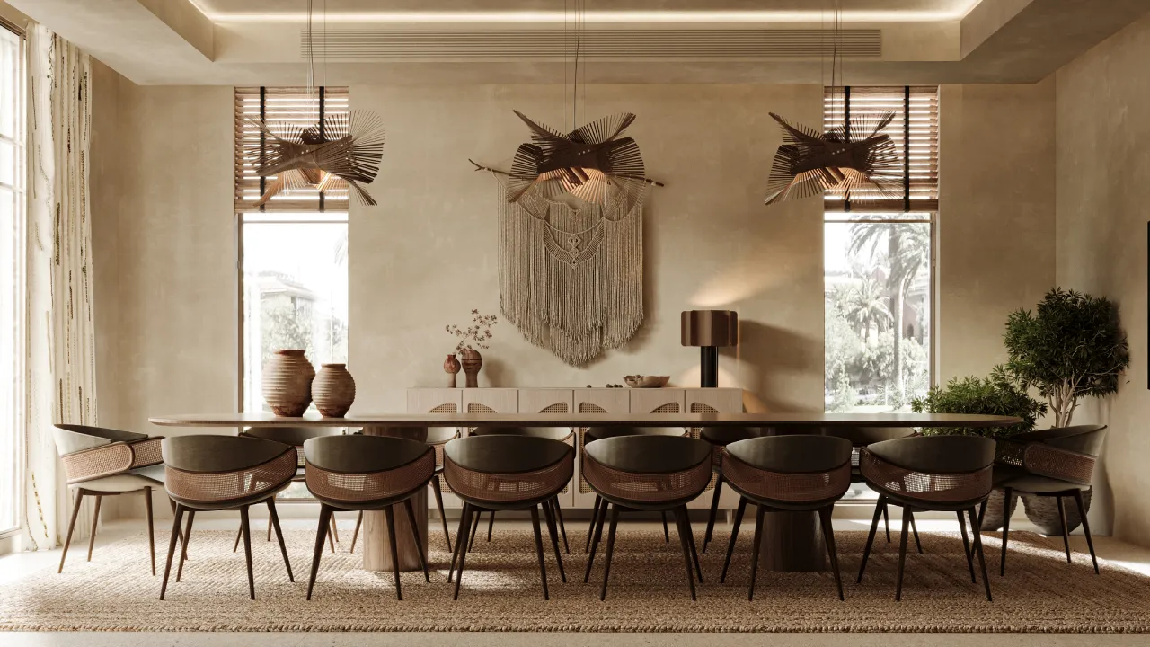 Modern farmhouse dining room interior design in Dubai with a large formal table for 10, contemporary cane chairs, sculptural ceiling pendants, and a neutral textured feature wall
