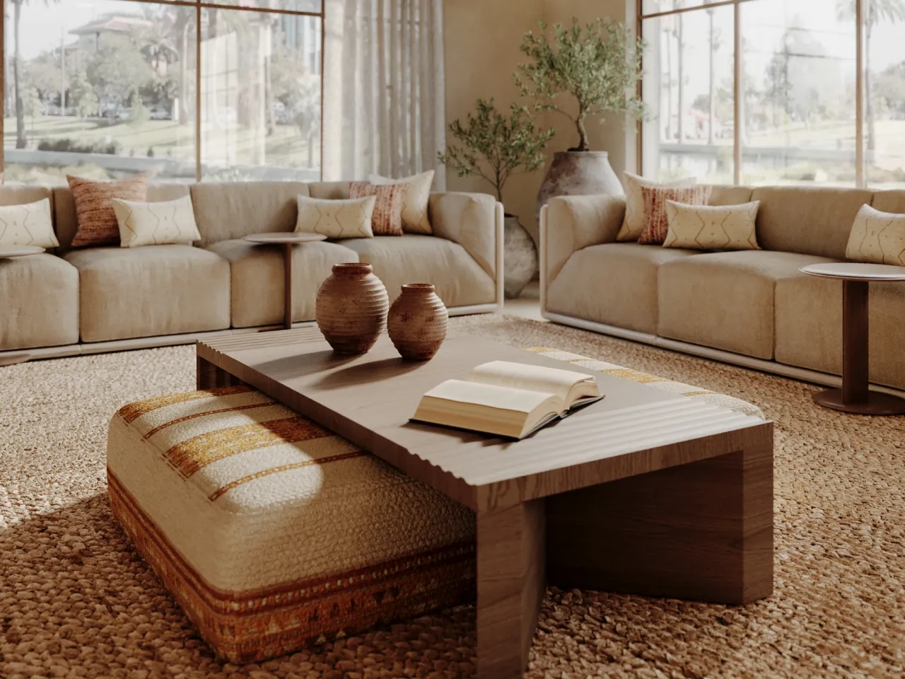 Modern farmhouse majlis living room in Dubai with beige sectional sofas, textured woven rug, wood coffee table, and warm neutral pillows near large windows
