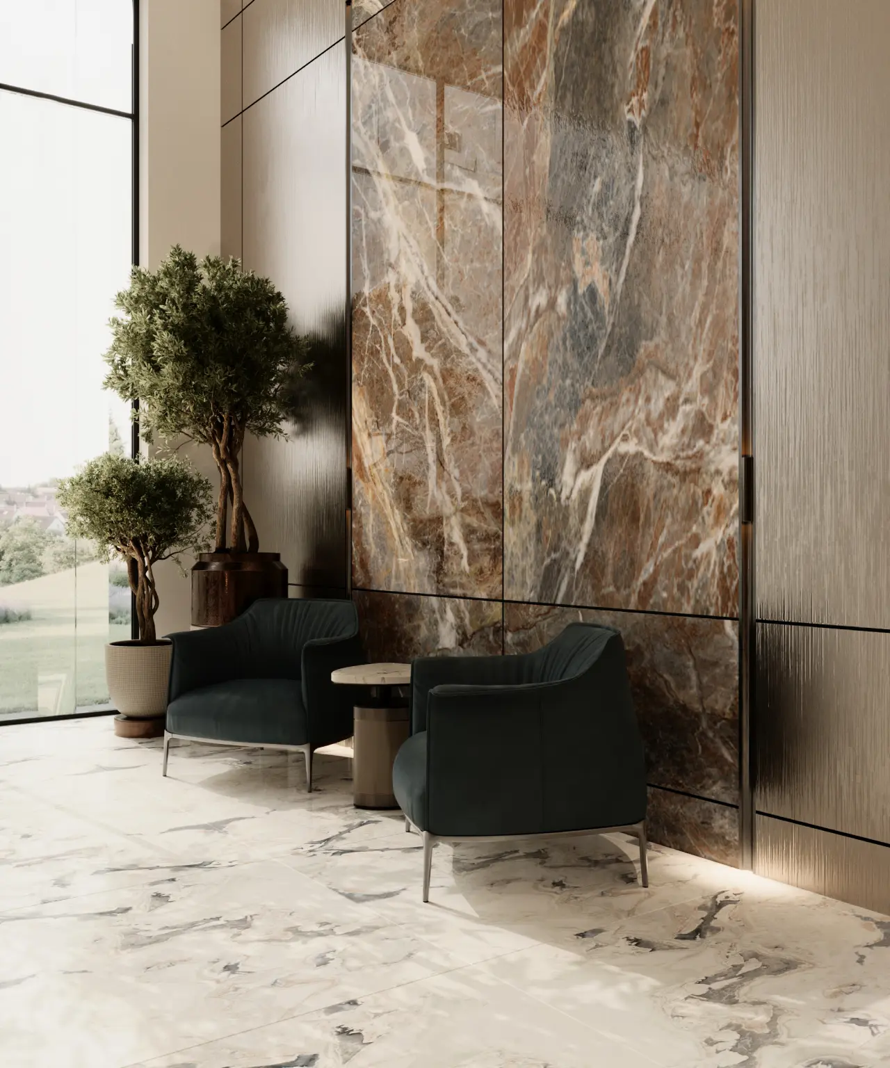 A feature wall with 2 accents chairs in a building lobby