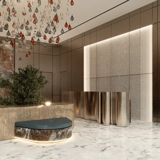 An impressive reception counter with a feature wall in a residential building in Dubai