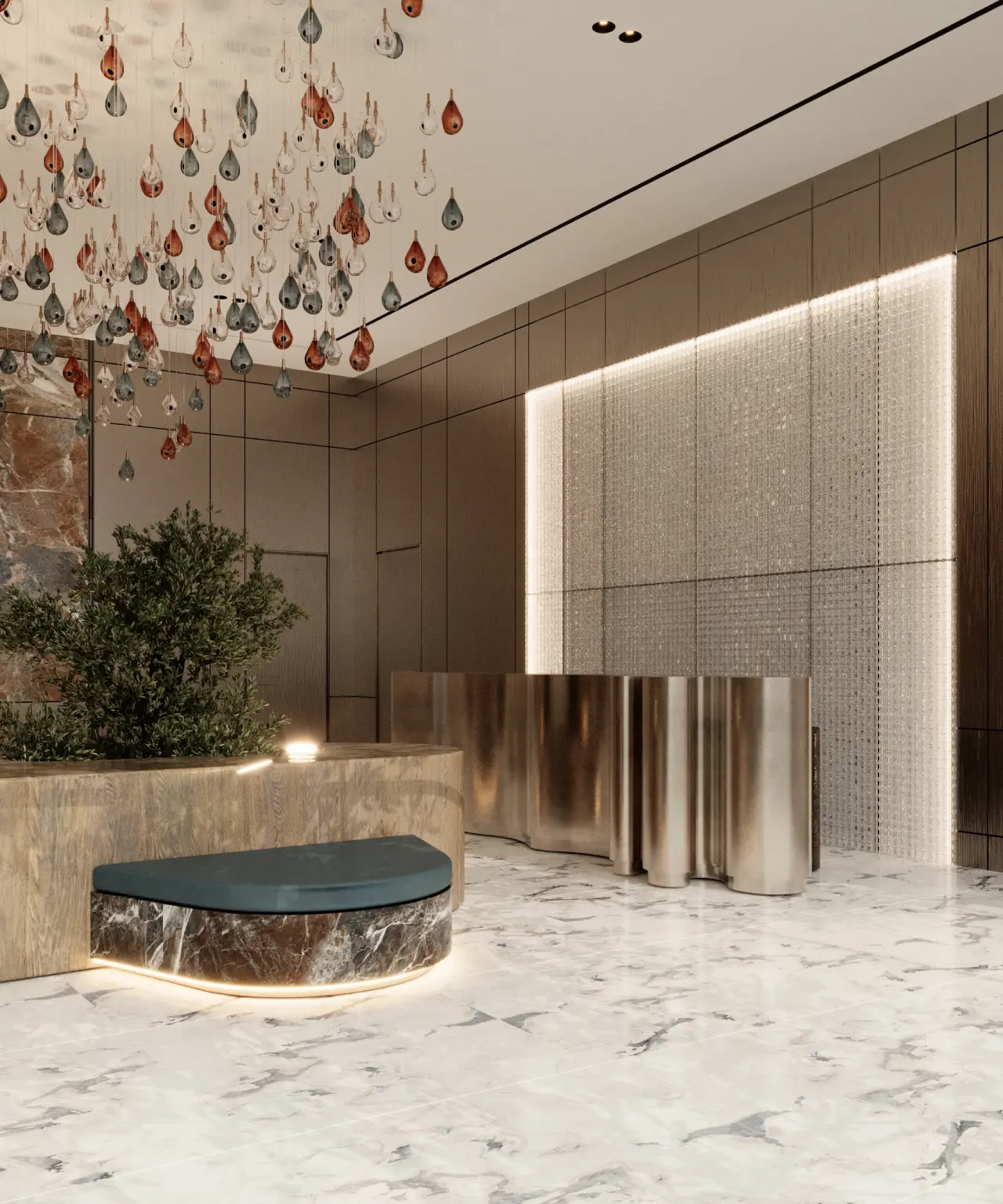 An impressive reception counter with a feature wall in a residential building in Dubai