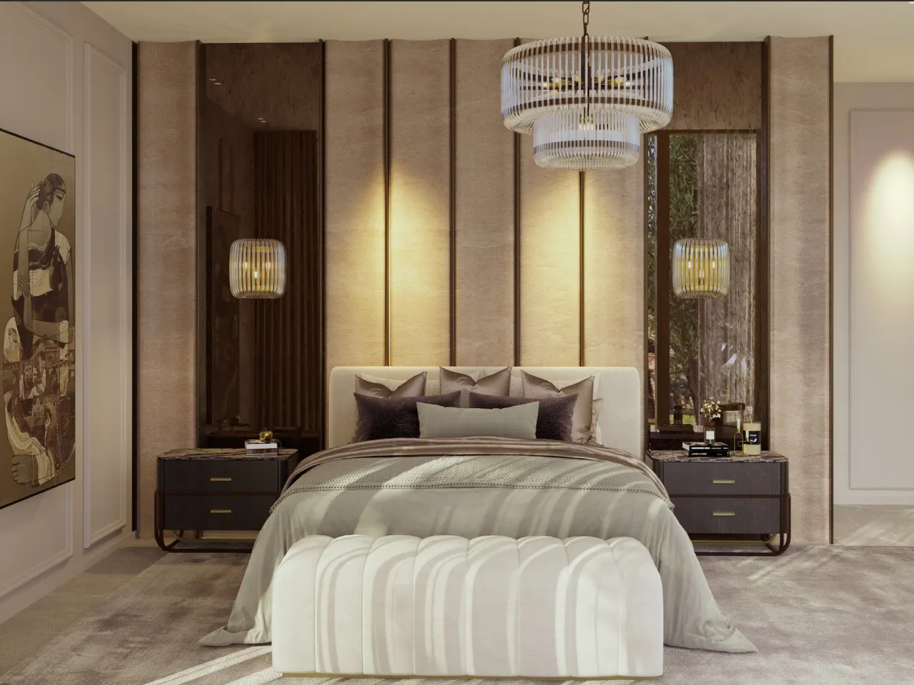 A luxury master bedroom interior design with a creative headboard design