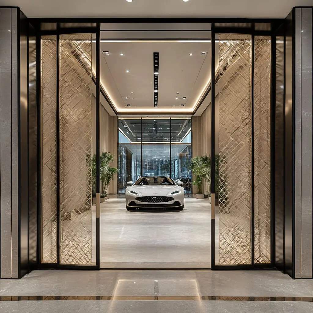 An impressive vehicle showroom that showcases luxury cars against a backdrop of clean cream tones and modern design