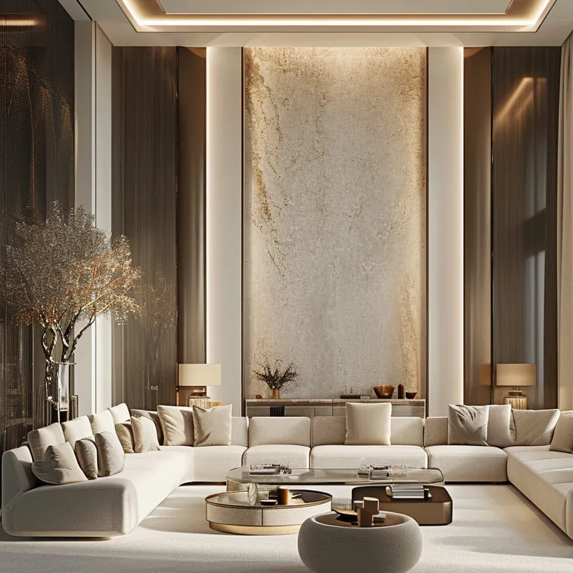 Bright and airy, this contemporary style Arabic majlis features bold art pieces against a backdrop of clean lines and neutral colors.